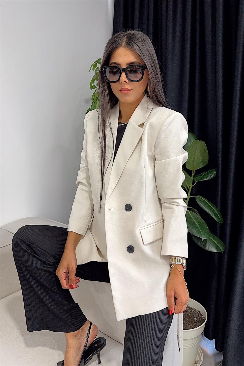 Massi Model Kuşak Bağlamalı Blazer Ceket Krem