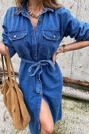 Mavi Denim Cepli Ve Kuşak Detay Tasarım Jean Elbise
