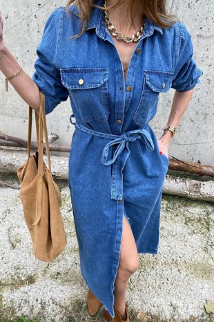 Mavi Denim Cepli Ve Kuşak Detay Tasarım Jean Elbise