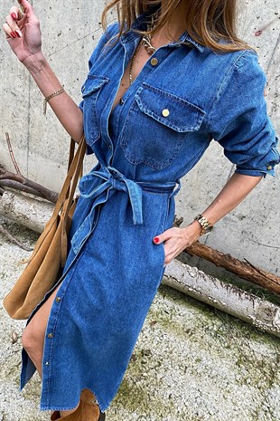 Mavi Denim Cepli Ve Kuşak Detay Tasarım Jean Elbise