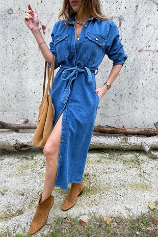 Mavi Denim Cepli Ve Kuşak Detay Tasarım Jean Elbise