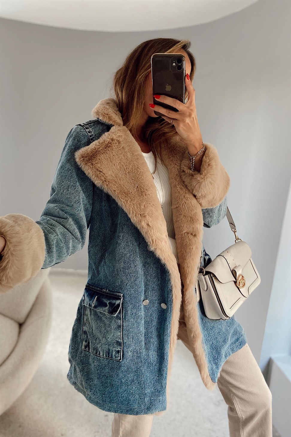 Mavi Uzun İçi Camel Kürk Detay Tasarım Jean Mont