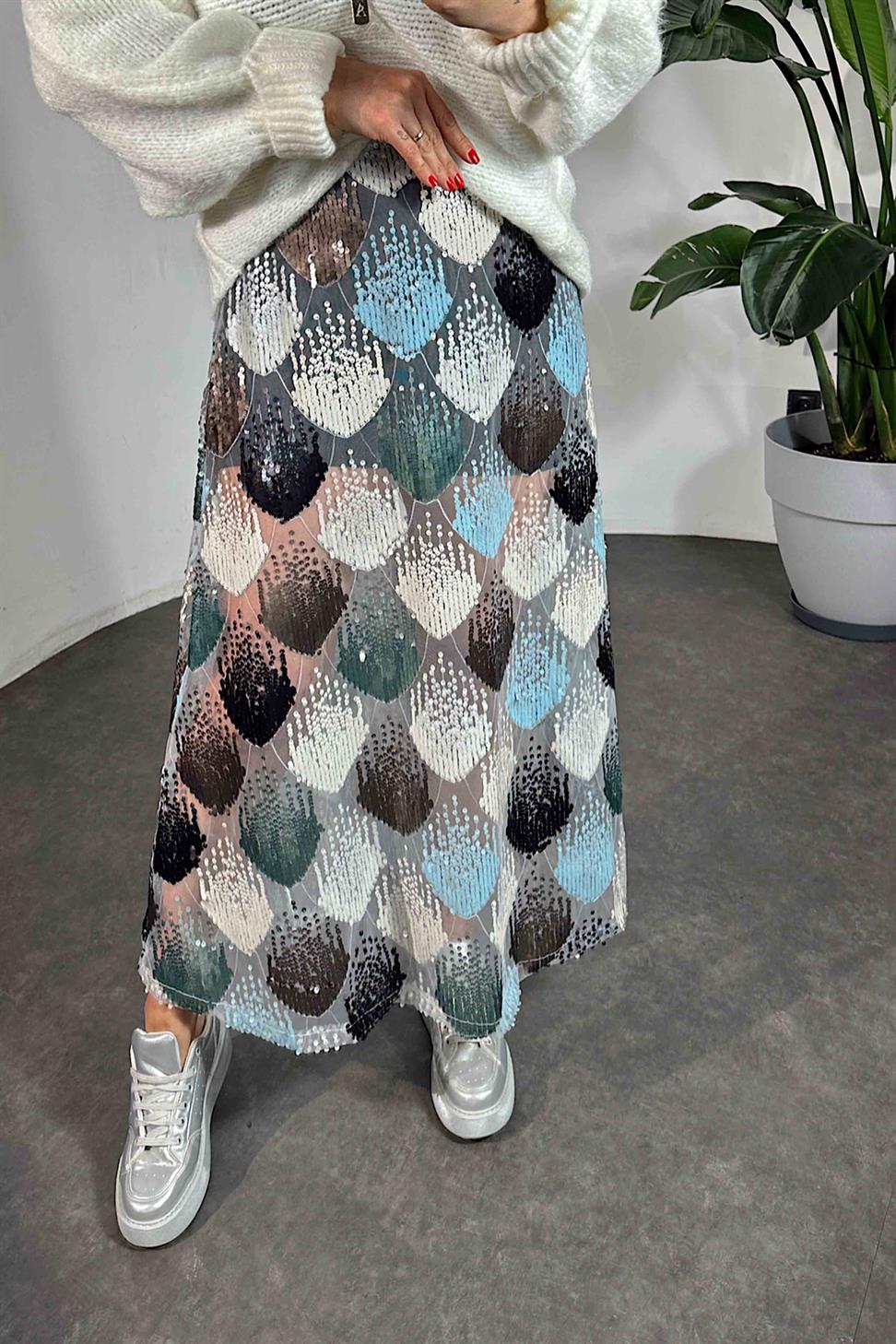 Mini Şort Astarlı Midi Boy Pul Payet Etek Renkli