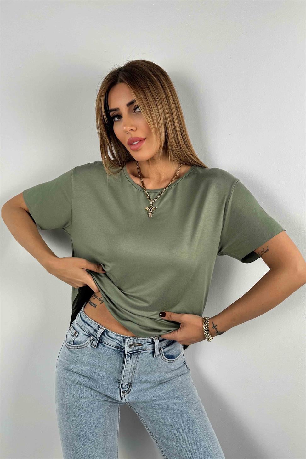 Modal Kumaş Lazer Kesim Basic Tişört Haki