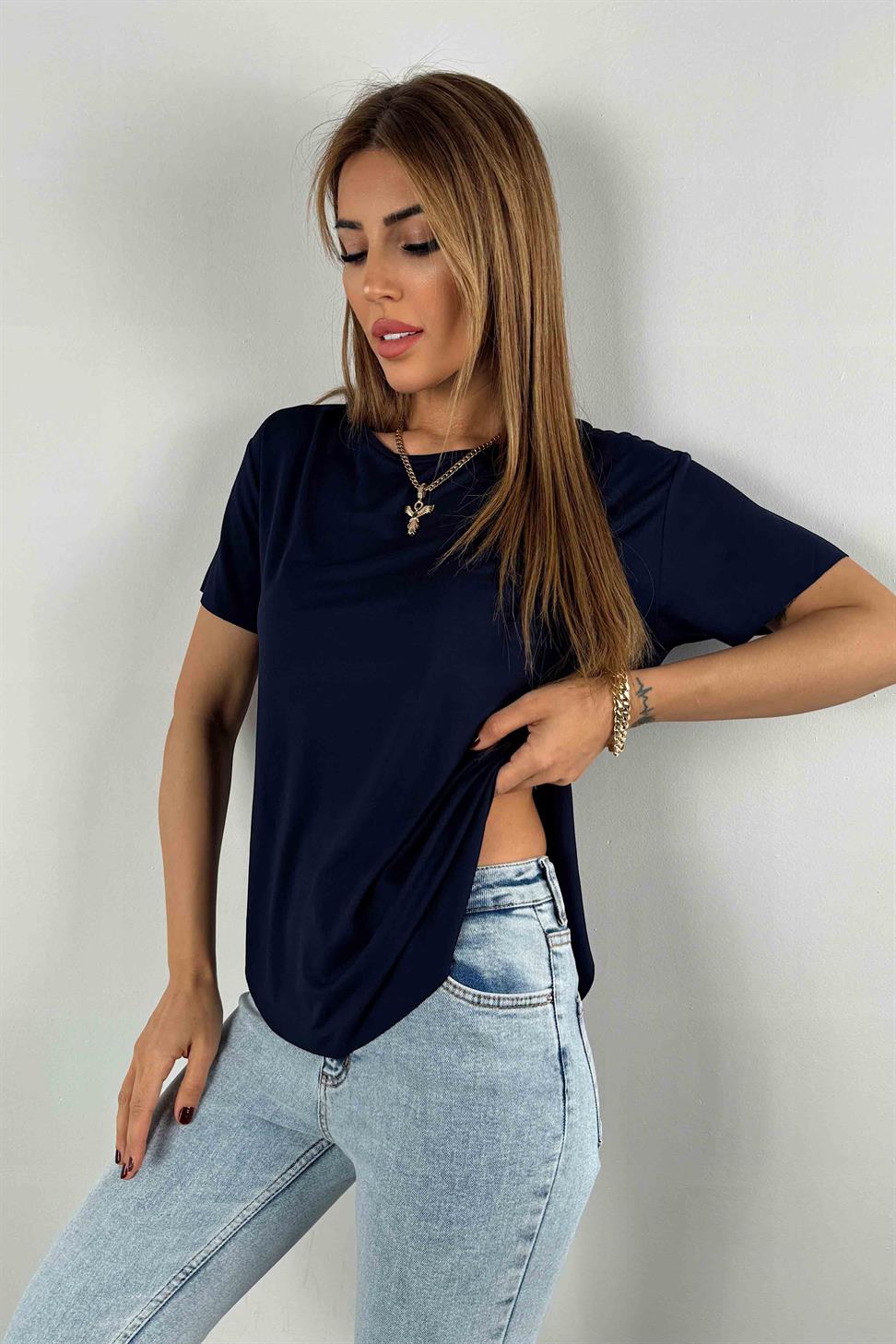 Modal Kumaş Lazer Kesim Basic Tişört Lacivert