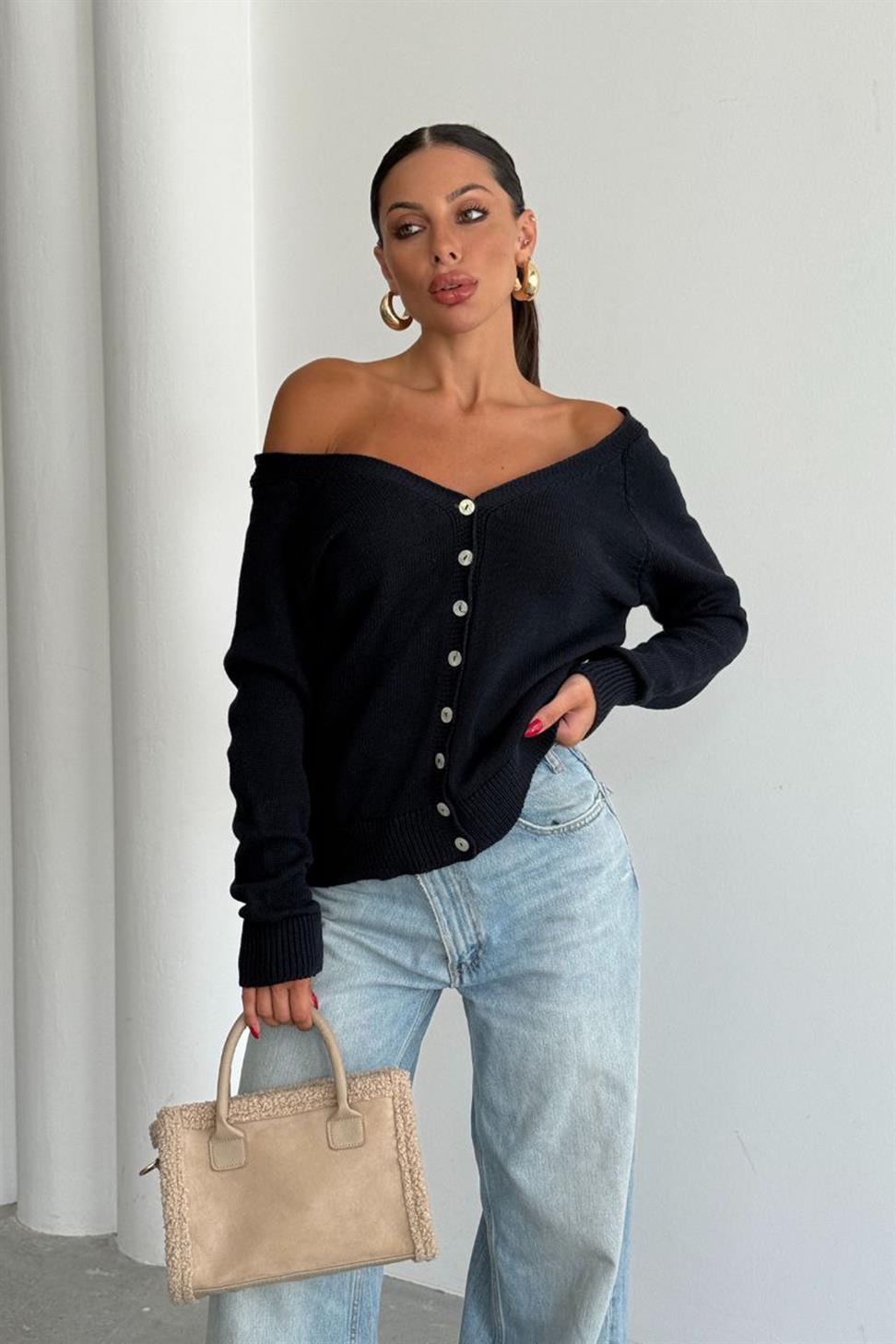 Modern Kesim Çift Taraf Düğmeli Tasarım Hırka Siyah