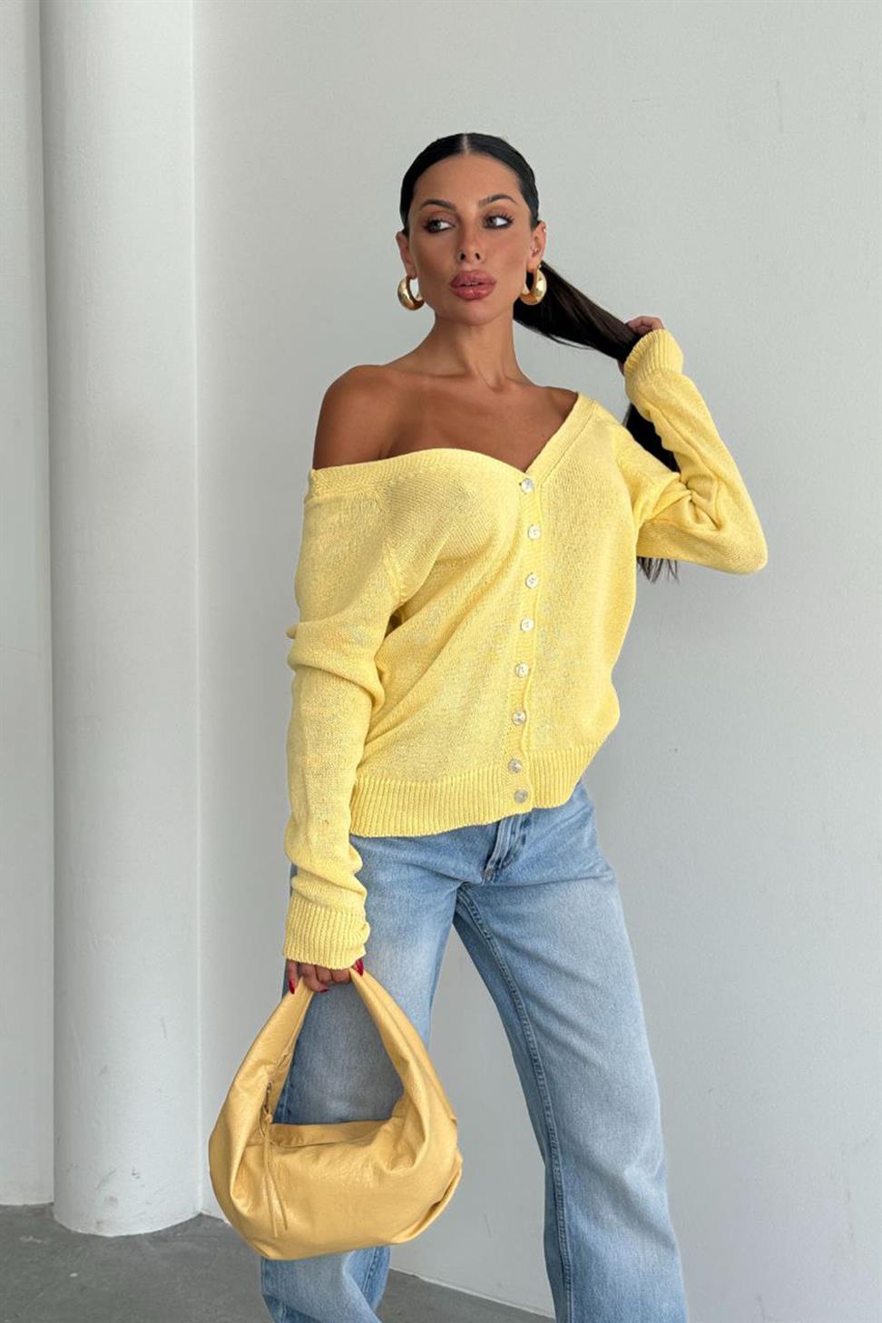 Modern Kesim Çift Taraf Düğmeli Tasarım Hırka Sarı