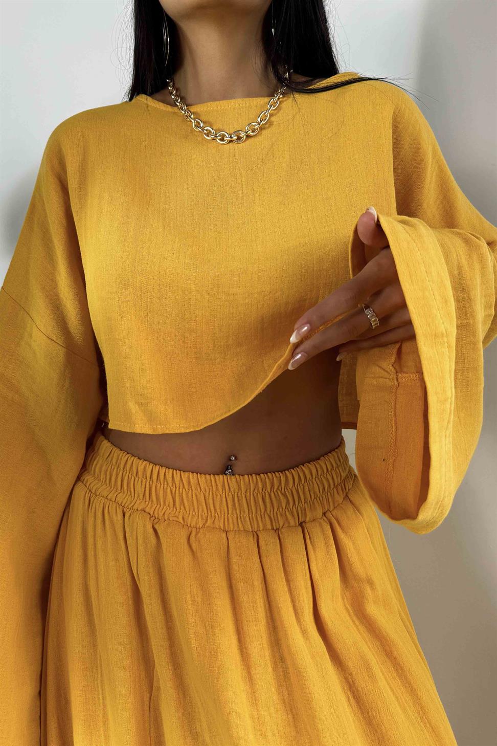 Müslin Kumaş İkili Kadın Takım Hardal