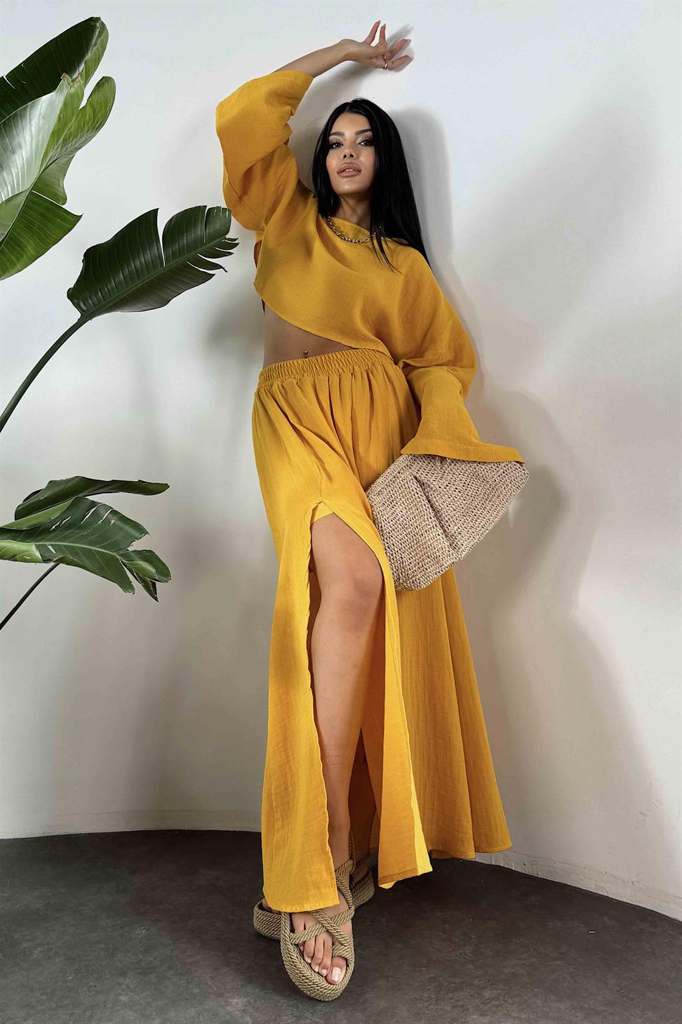 Müslin Kumaş İkili Kadın Takım Hardal