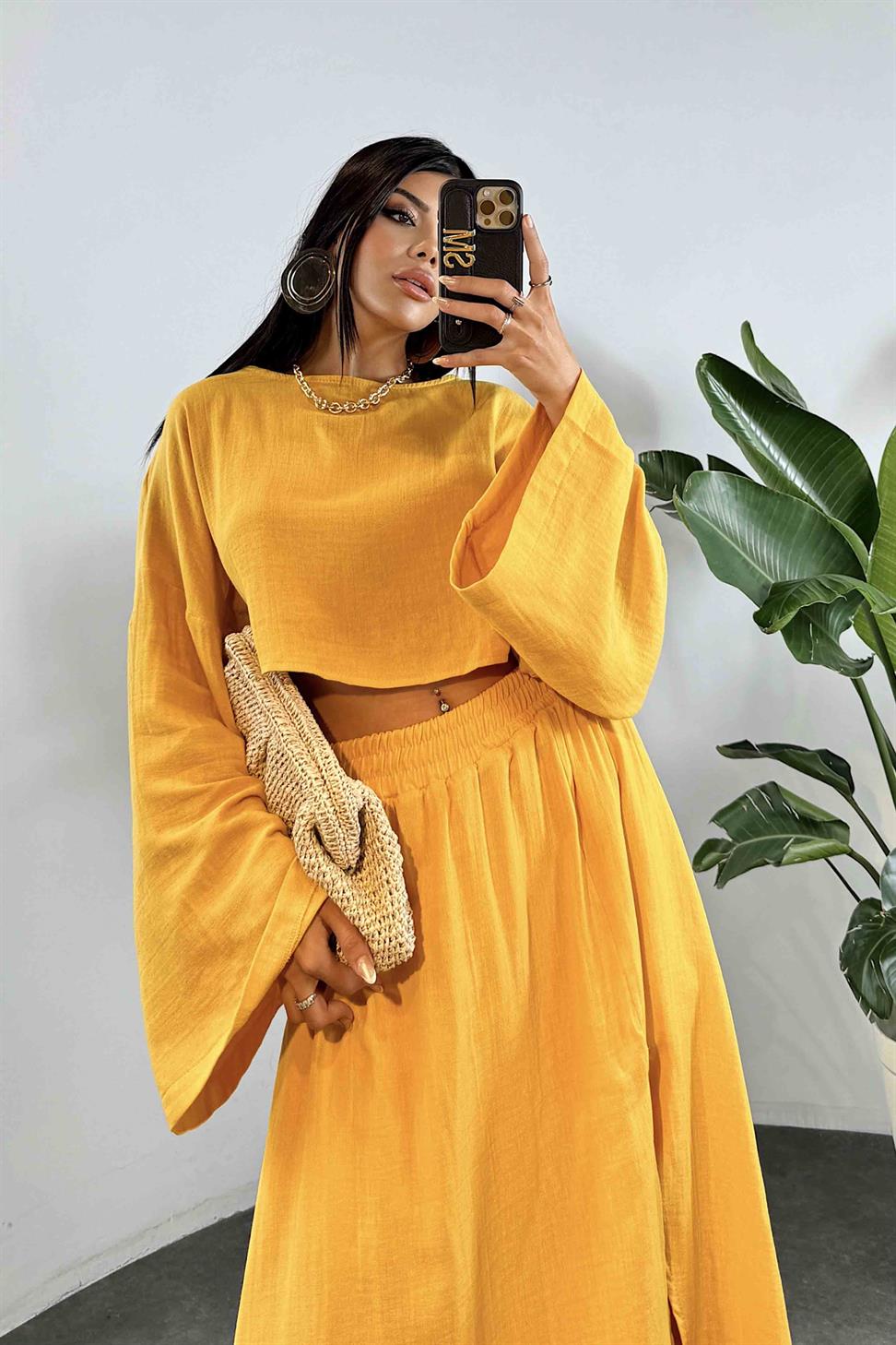 Müslin Kumaş İkili Kadın Takım Hardal