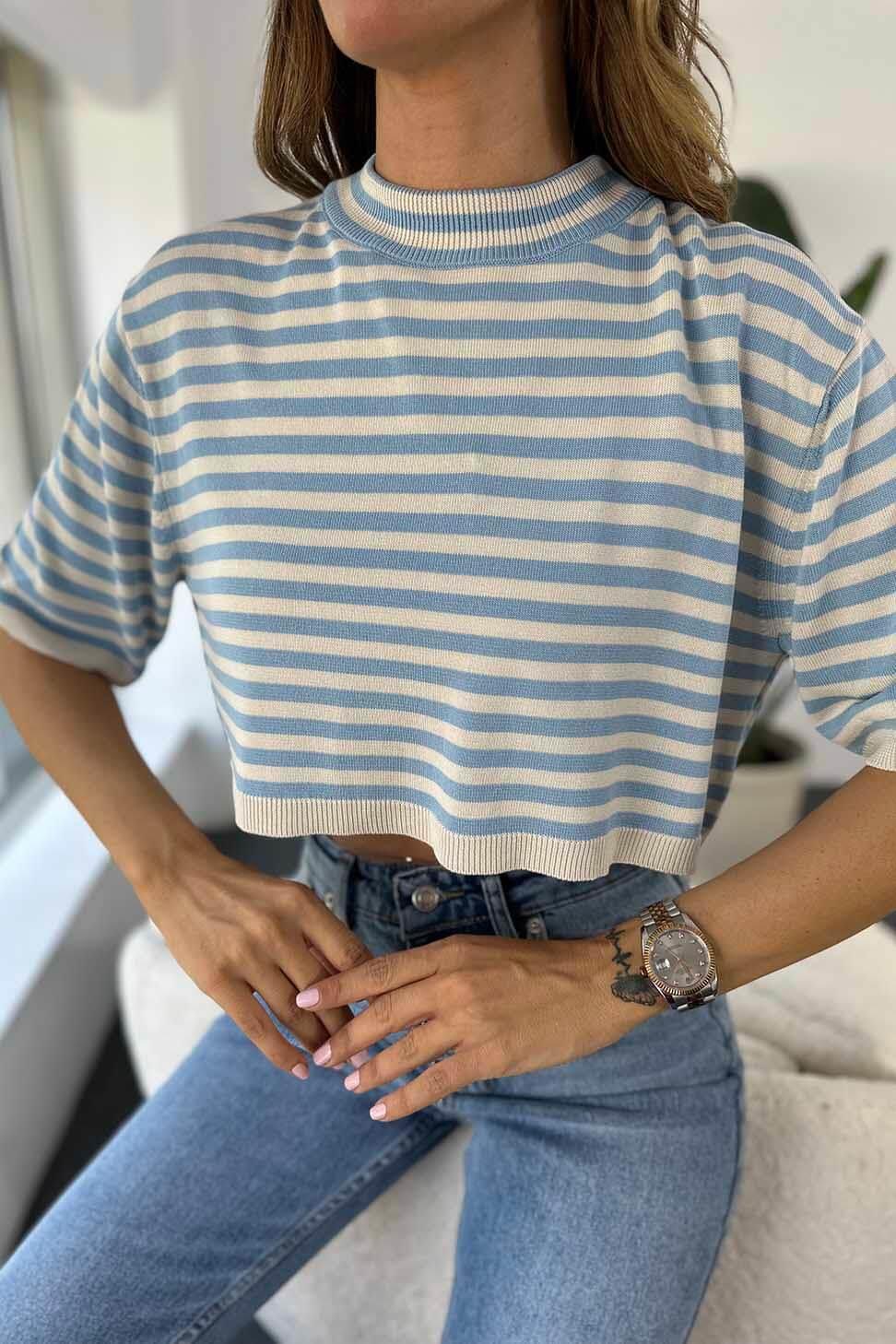 Naturel İnce Viskon Örme Çizgili Oversize Crop Kazak Mavi