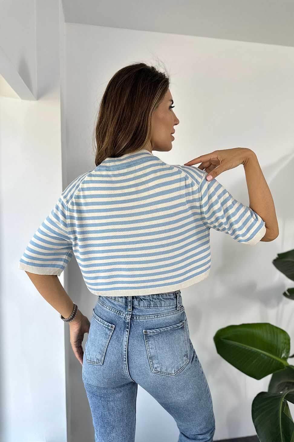 Naturel İnce Viskon Örme Çizgili Oversize Crop Kazak Mavi