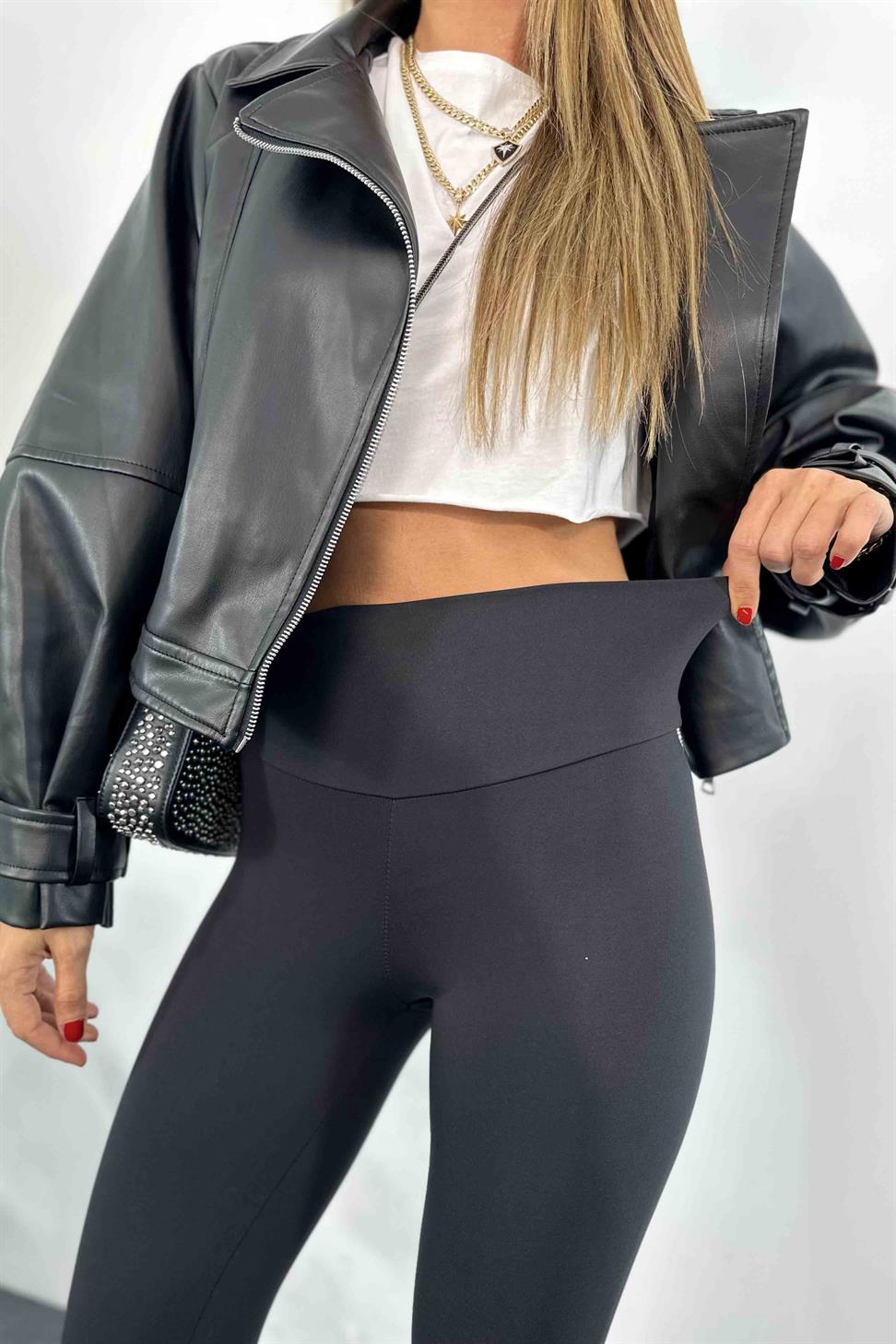 Naturel Modal Kumaş Esnek Yüksek Bel Tayt Siyah