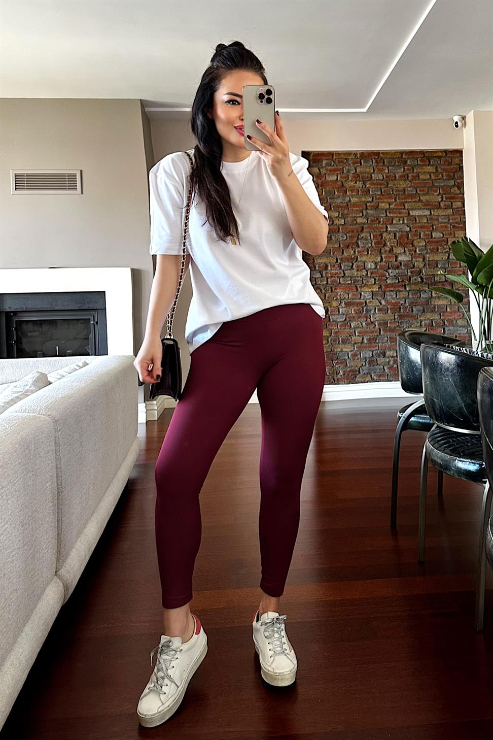 Naturel Modal Kumaş Esnek Yüksek Bel Tayt Bordo