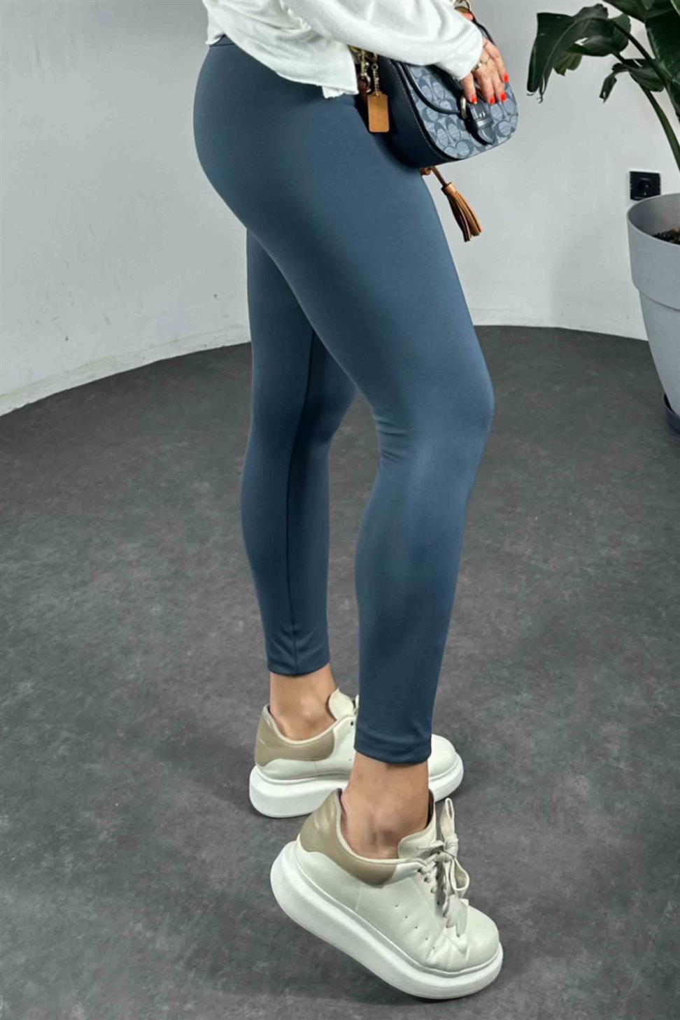 Naturel Modal Kumaş Esnek Yüksek Bel Tayt İndigo Mavi