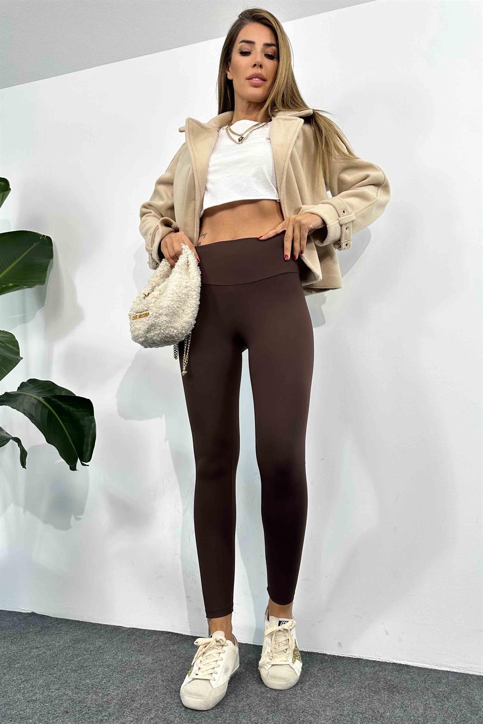 Naturel Modal Kumaş Esnek Yüksek Bel Tayt Acı Kahve