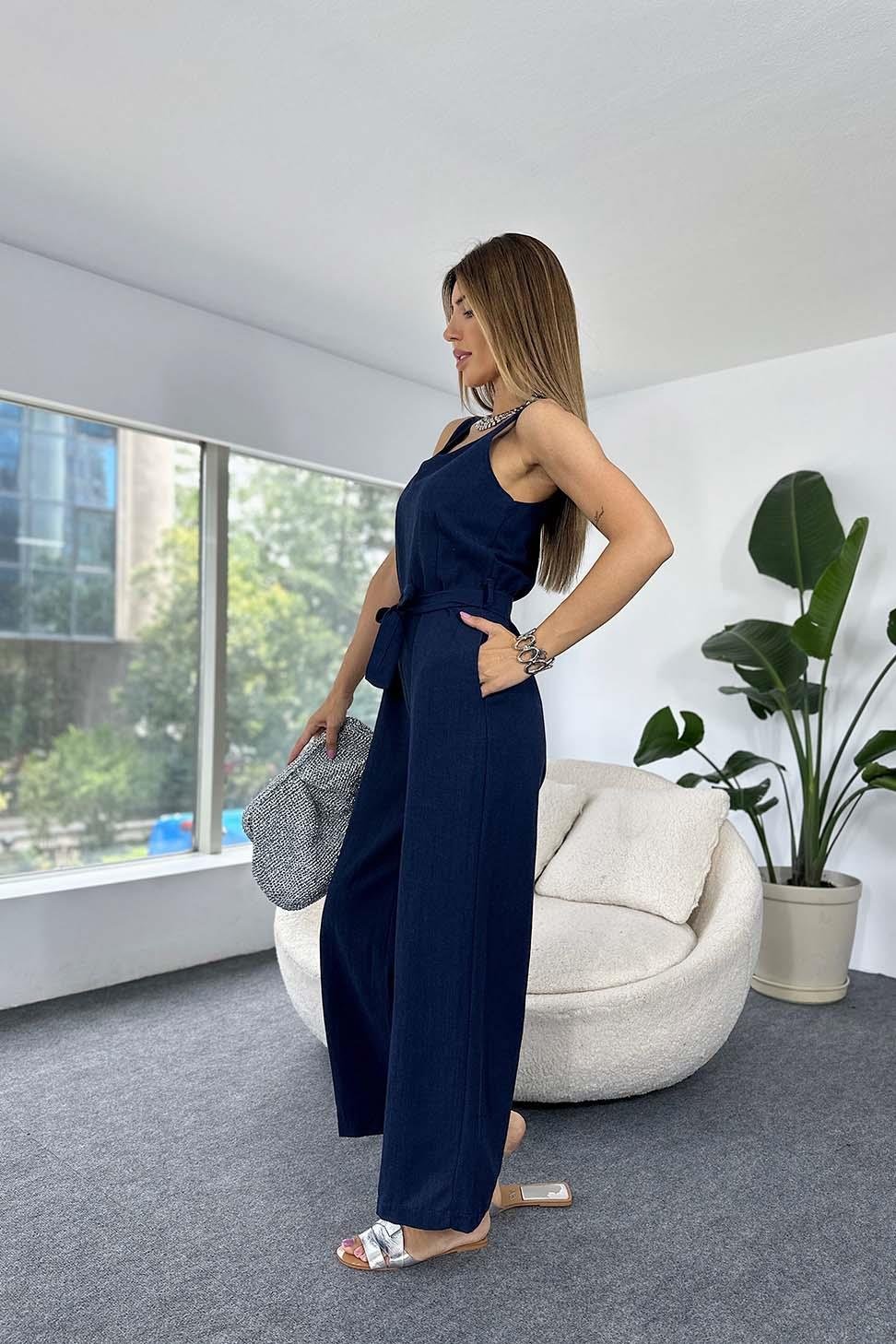 Naturel Pamuklu Kumaş Keten Dokulu Kuşaklı Tulum Lacivert