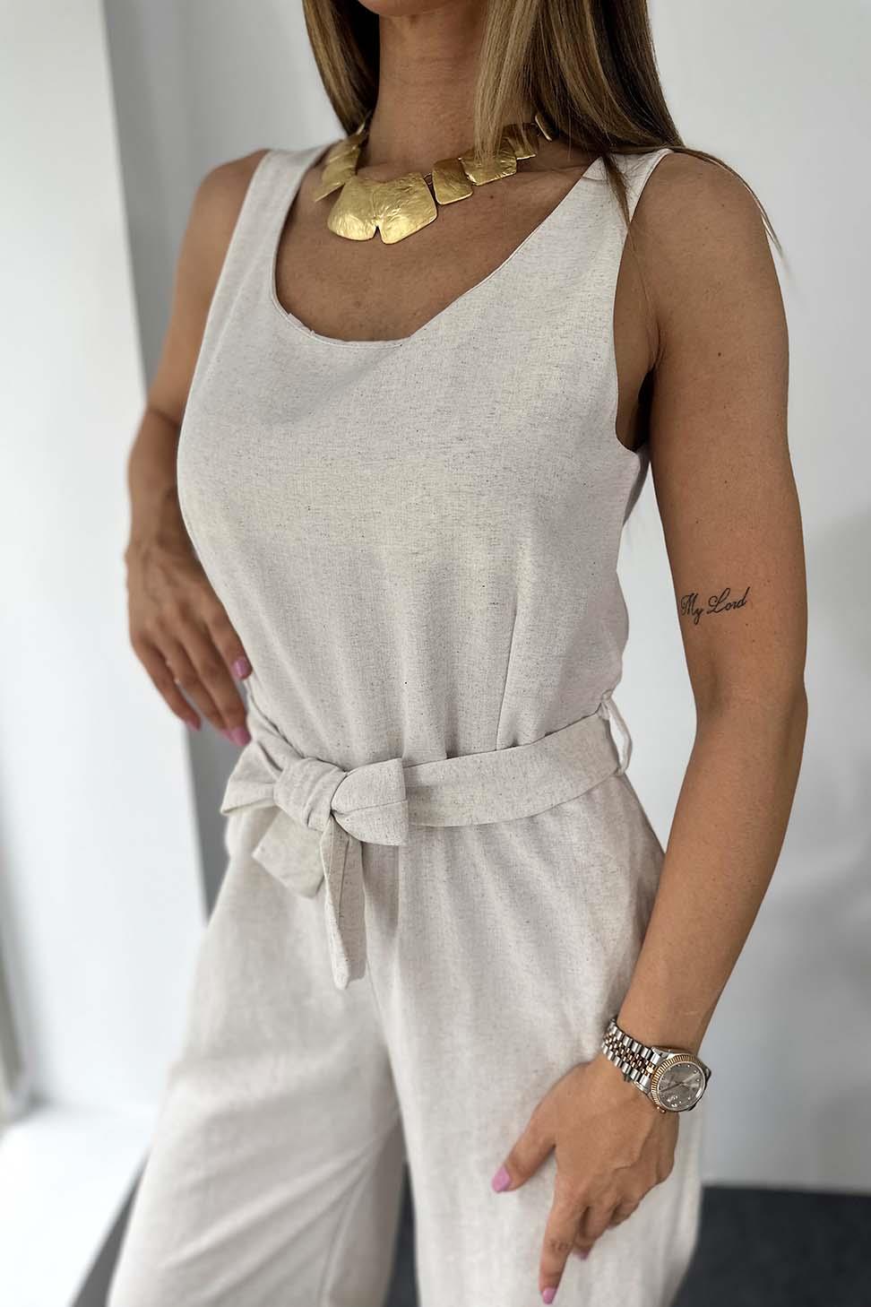 Naturel Pamuklu Kumaş Keten Dokulu Kuşaklı Tulum Taş