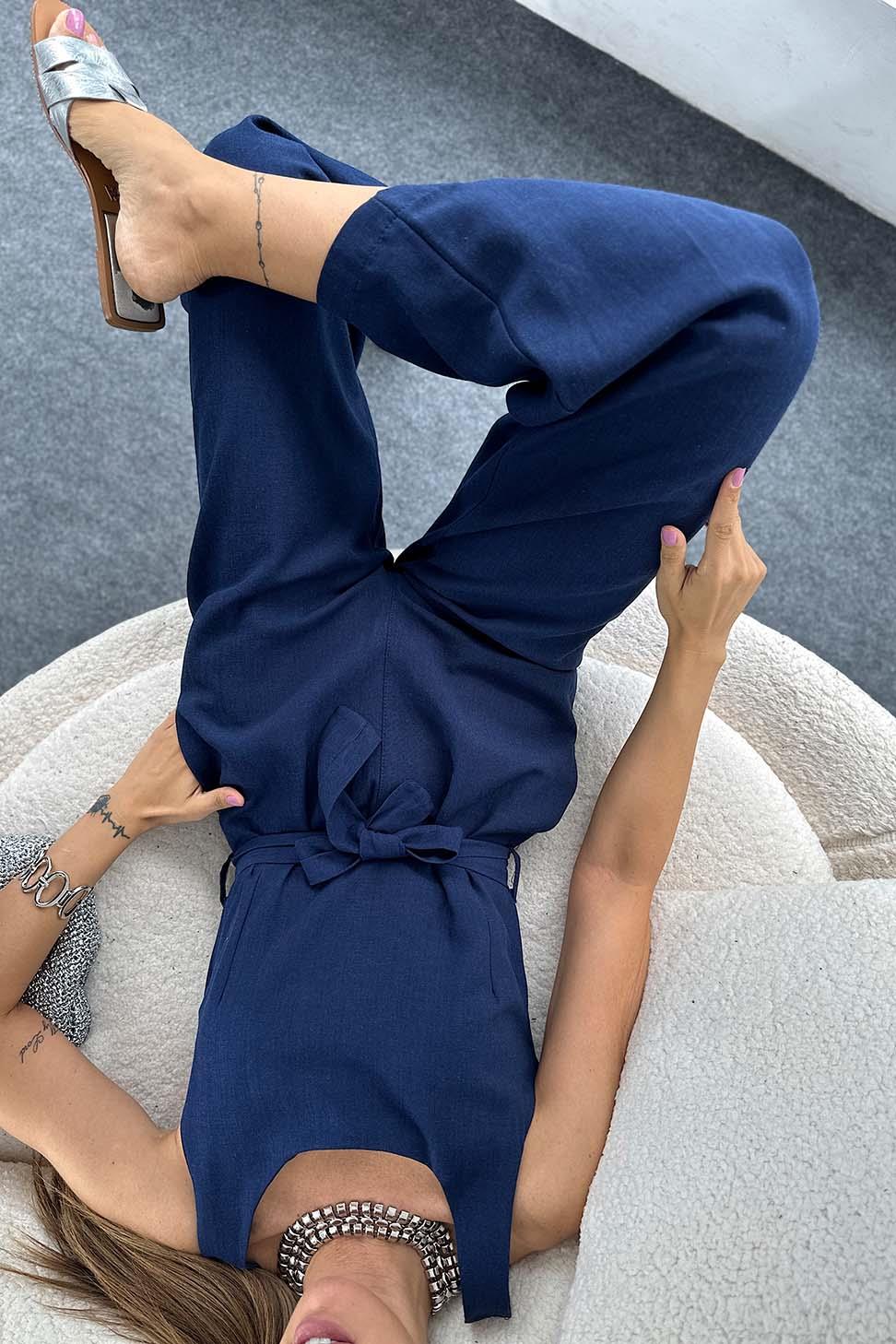 Naturel Pamuklu Kumaş Keten Dokulu Kuşaklı Tulum Lacivert