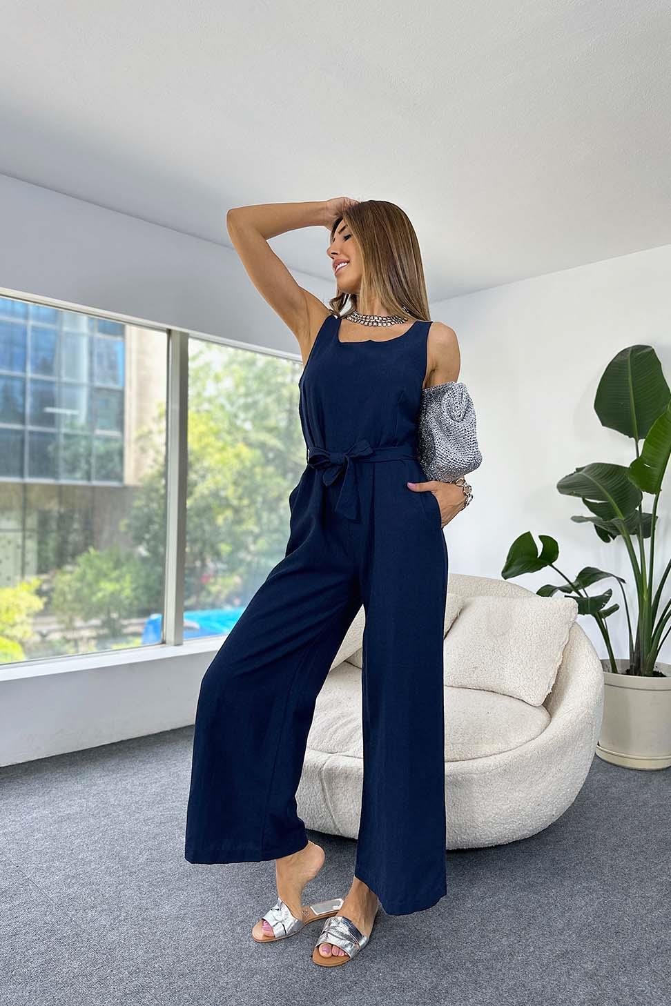 Naturel Pamuklu Kumaş Keten Dokulu Kuşaklı Tulum Lacivert