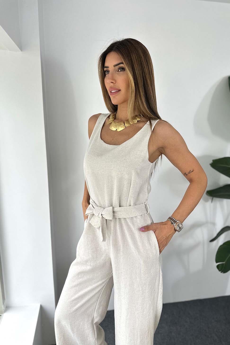 Naturel Pamuklu Kumaş Keten Dokulu Kuşaklı Tulum Taş