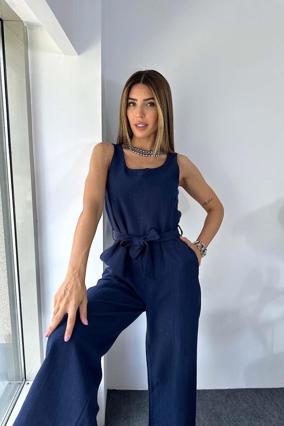 Naturel Pamuklu Kumaş Keten Dokulu Kuşaklı Tulum Lacivert