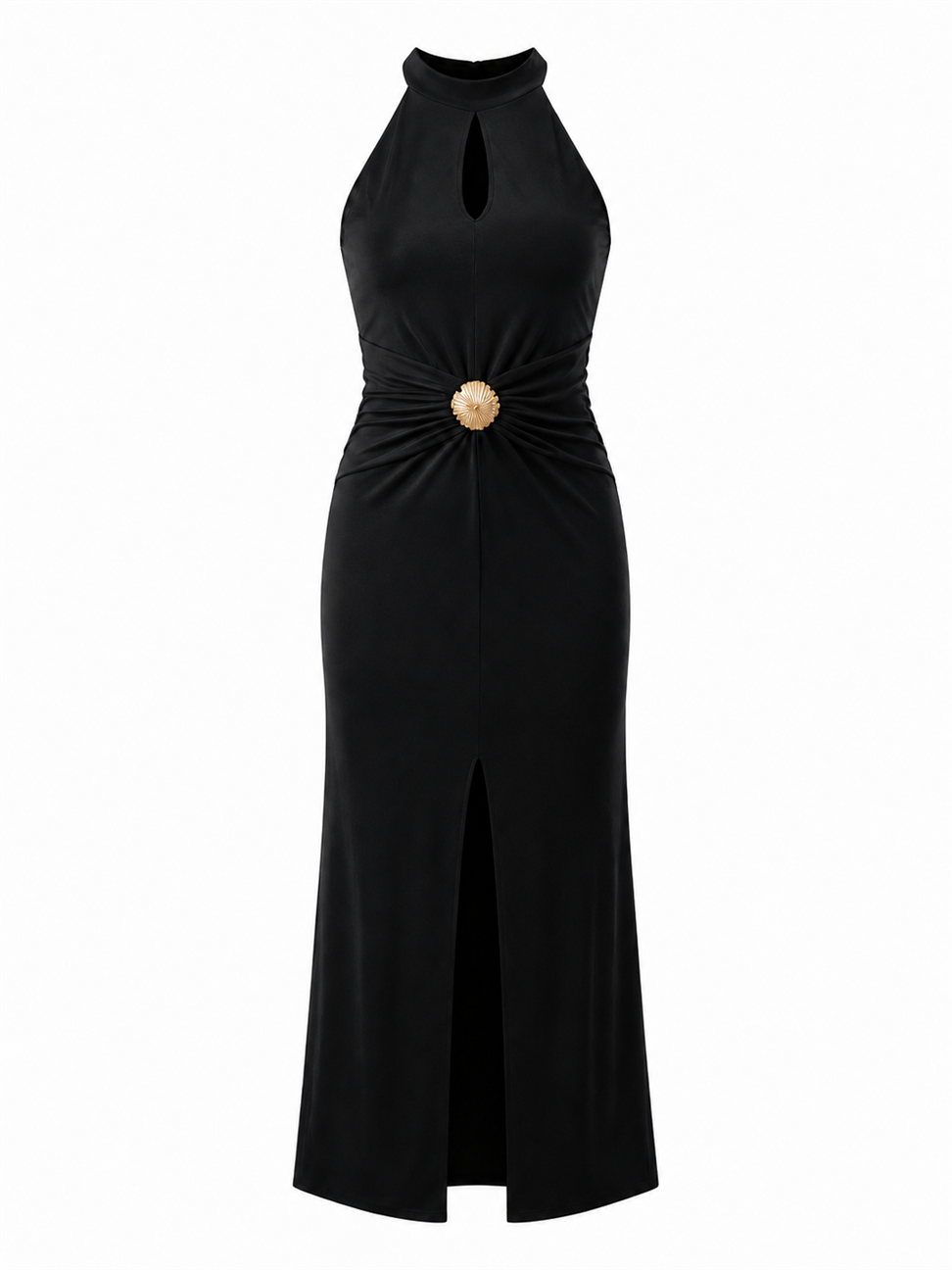 Nina Halter Yaka Gold Aksesuarlı Maxi Elbise Siyah