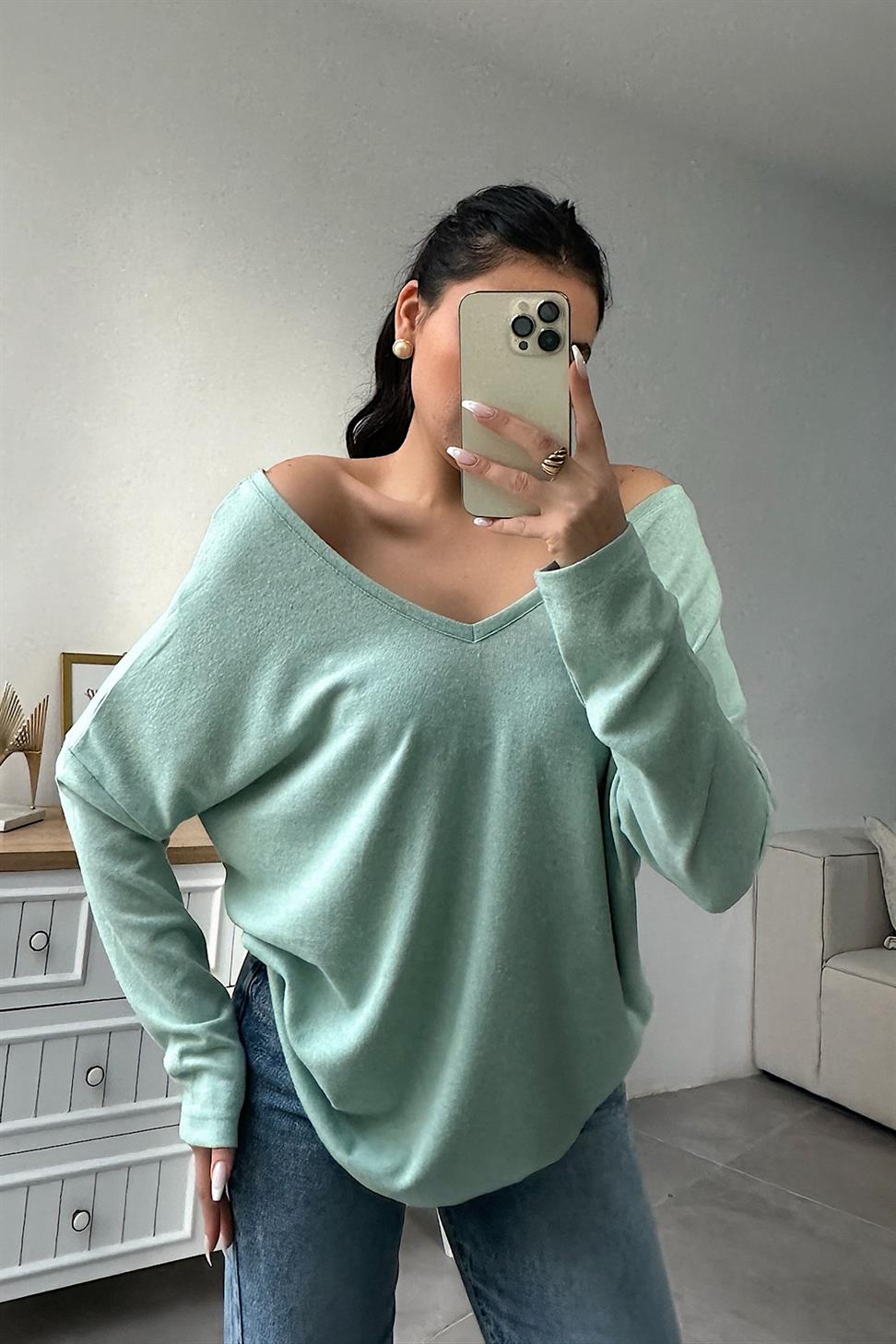 Ön Arka V Yaka Uzun Kol Yumoş Bluz Mint