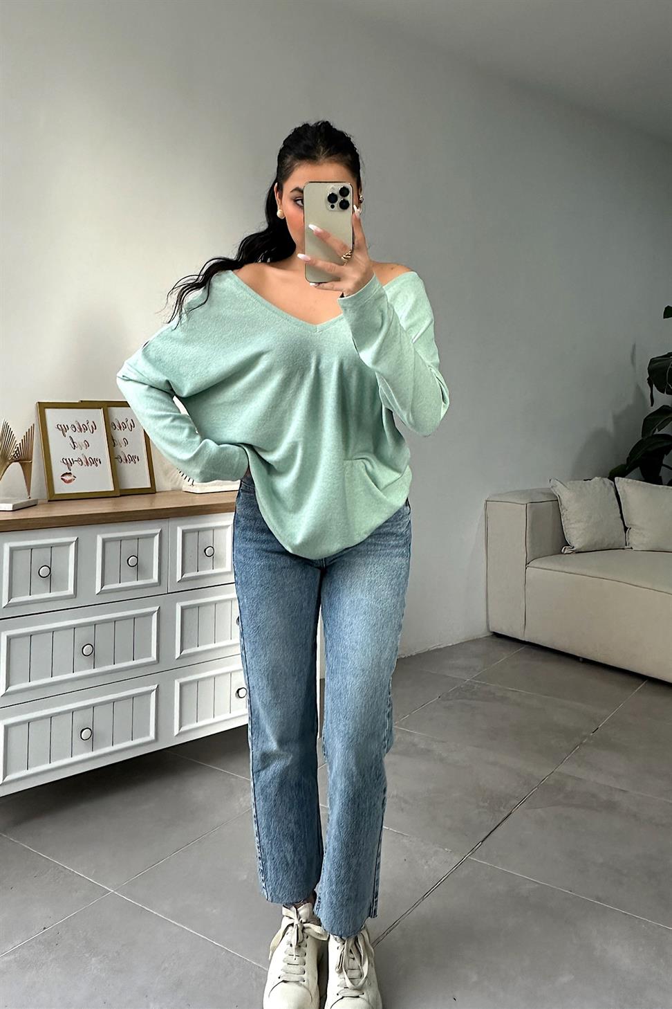 Ön Arka V Yaka Uzun Kol Yumoş Bluz Mint