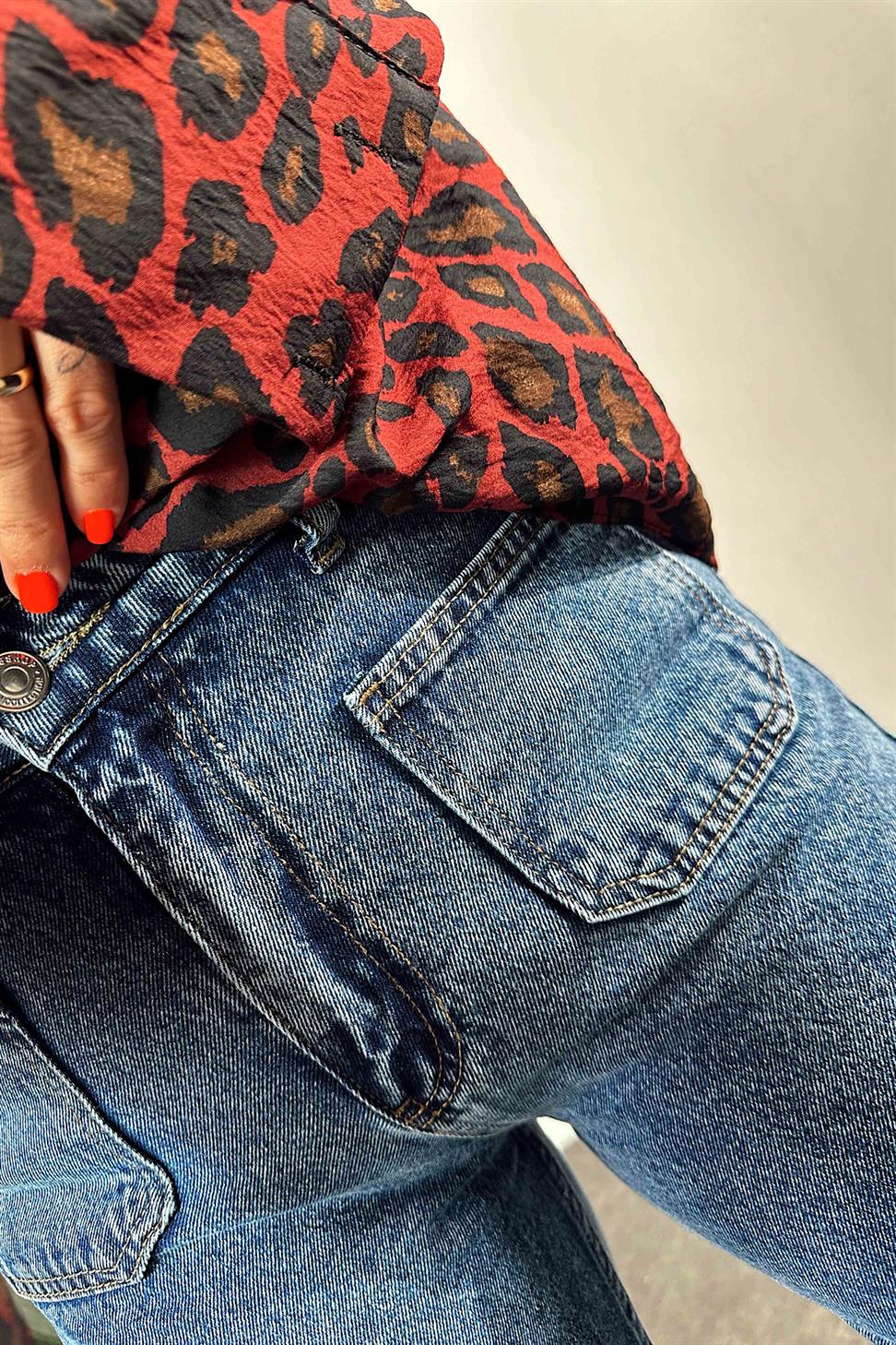 Ön Cepli Kar Yıkama Yüksek Bel Jean Mavi