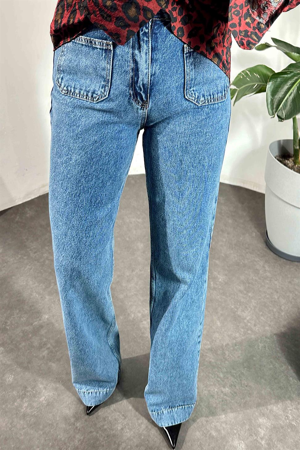 Ön Cepli Kar Yıkama Yüksek Bel Jean Mavi