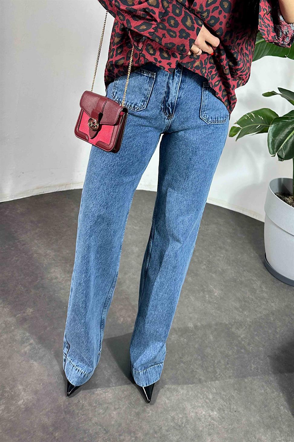 Ön Cepli Kar Yıkama Yüksek Bel Jean Mavi