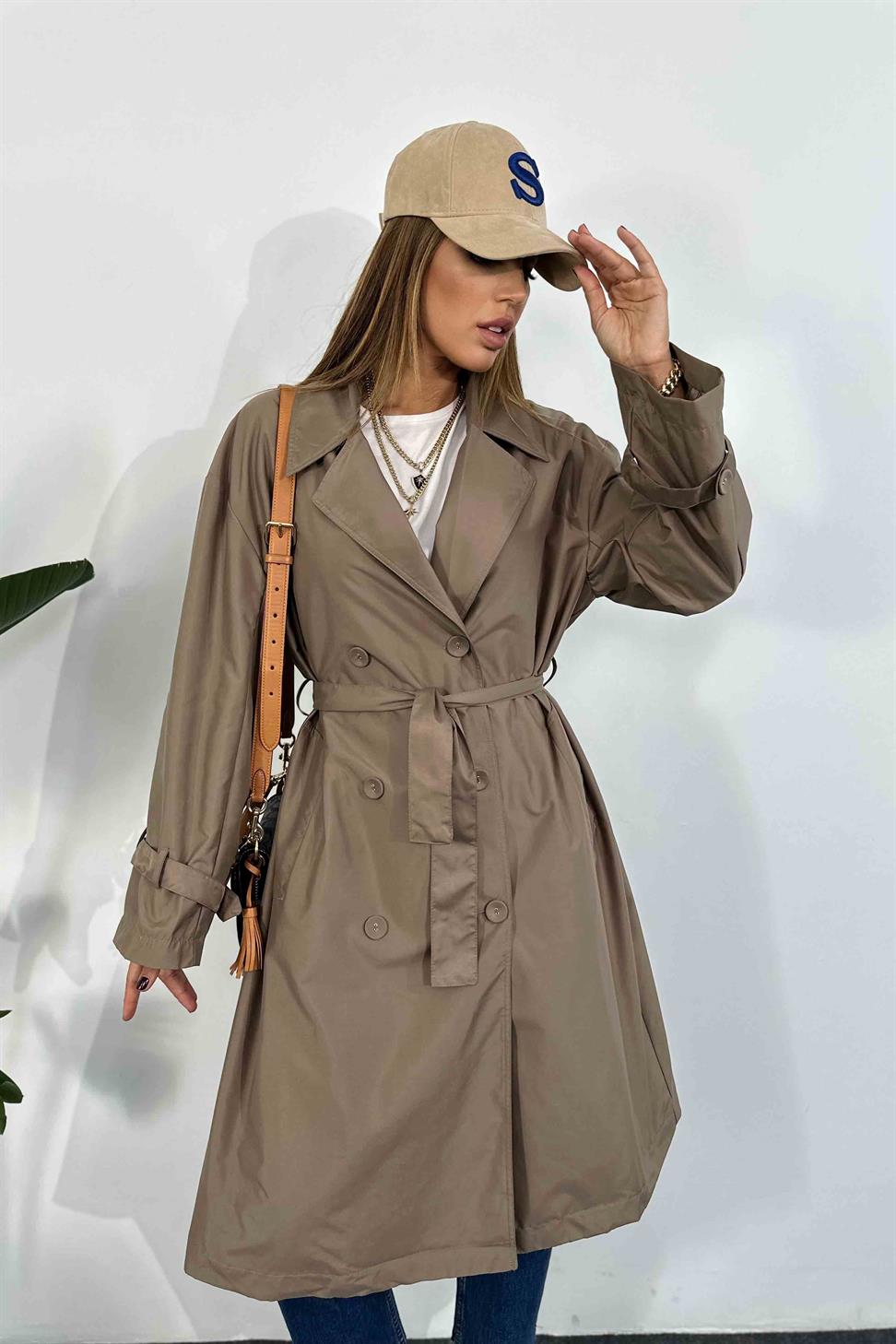 Önden Düğme Tasarım Oversize Kadın Trençkot Vizon