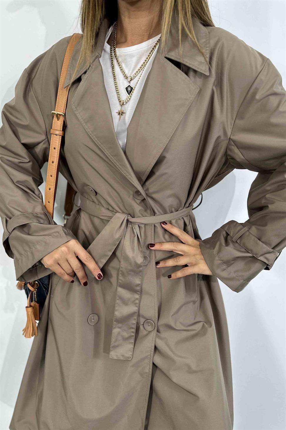 Önden Düğme Tasarım Oversize Kadın Trençkot Vizon