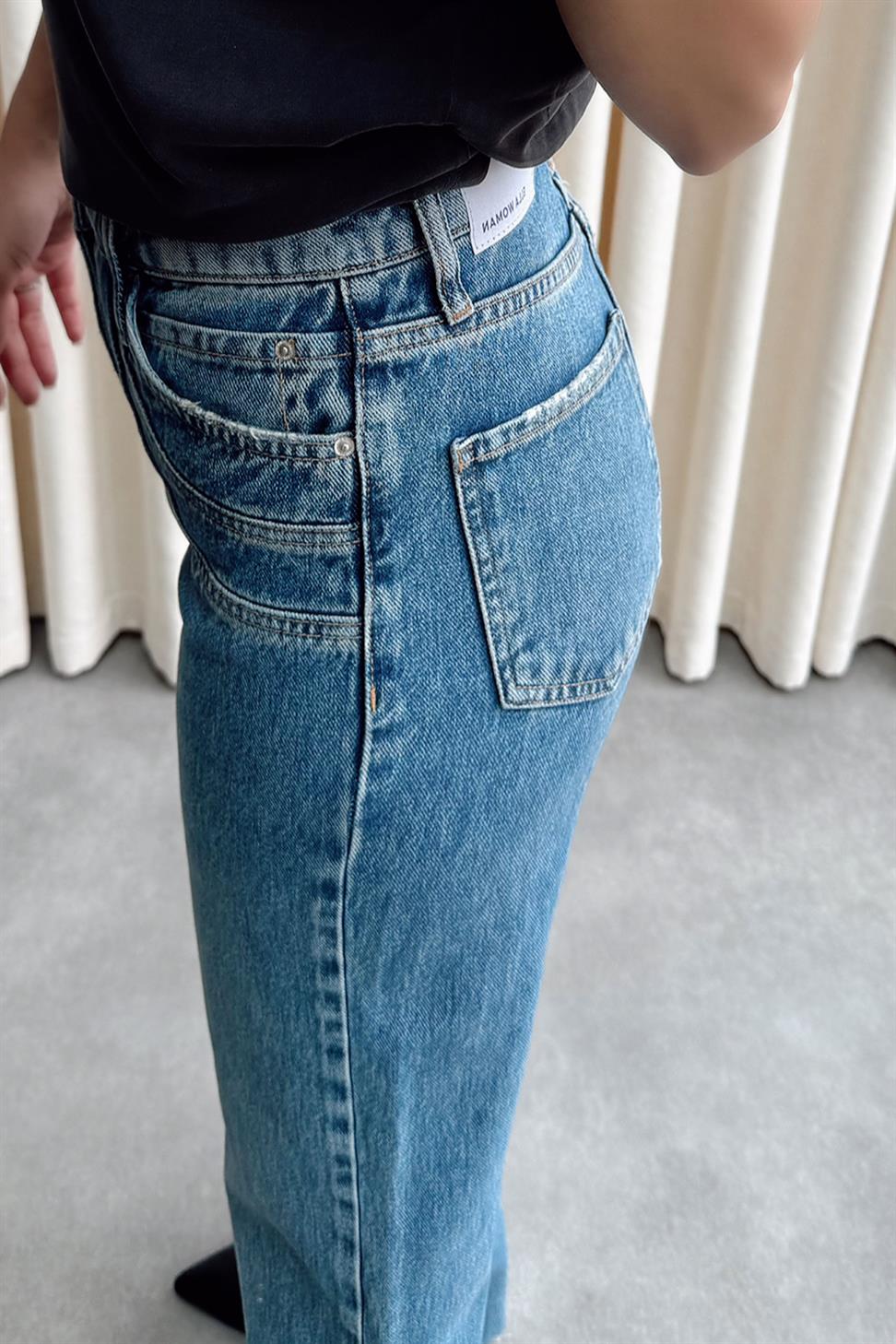 Önü Düğmeli Lazer Kesim Paça Jean Pantolon Mavi