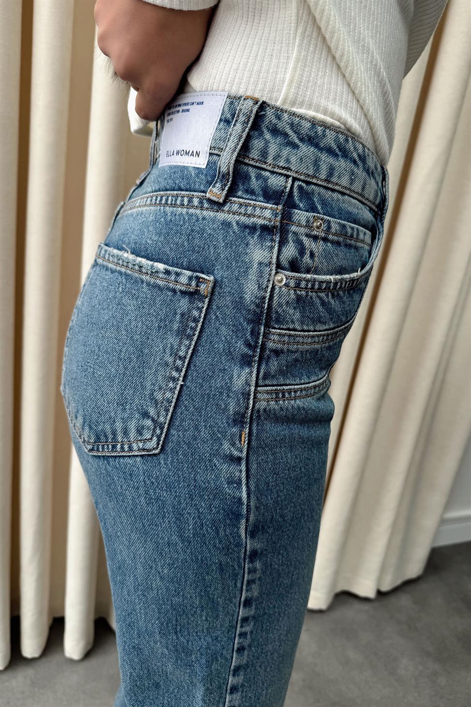 Önü Düğmeli Lazer Kesim Paça Jean Pantolon Mavi