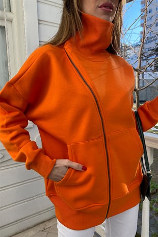 Orange Asimetrik Yaka Detaylı Fermuarlı Sweat