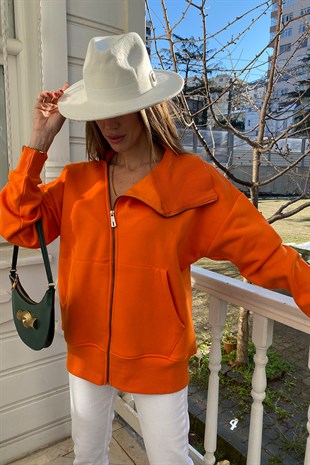 Orange Asimetrik Yaka Detaylı Fermuarlı Sweat