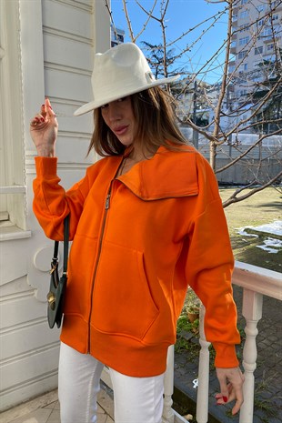 Orange Asimetrik Yaka Detaylı Fermuarlı Sweat