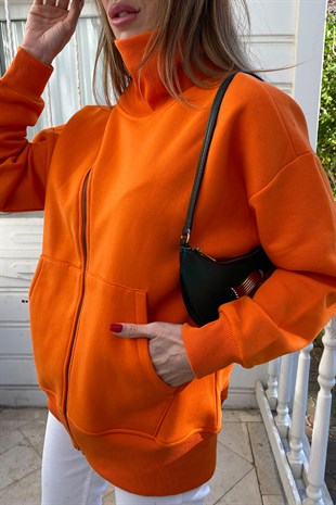 Orange Asimetrik Yaka Detaylı Fermuarlı Sweat