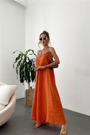 Orange İp Askılı V Yaka Tasarım Nora Lüx Kalite Elbise