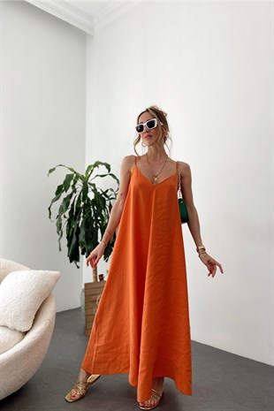 Orange İp Askılı V Yaka Tasarım Nora Lüx Kalite Elbise