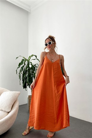 Orange İp Askılı V Yaka Tasarım Nora Lüx Kalite Elbise