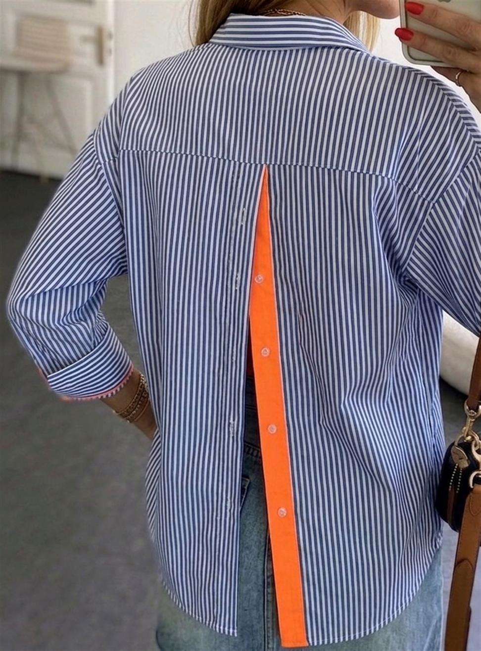 Orange Şerit Detaylı Sırt Tasarım Çizgili Gömlek