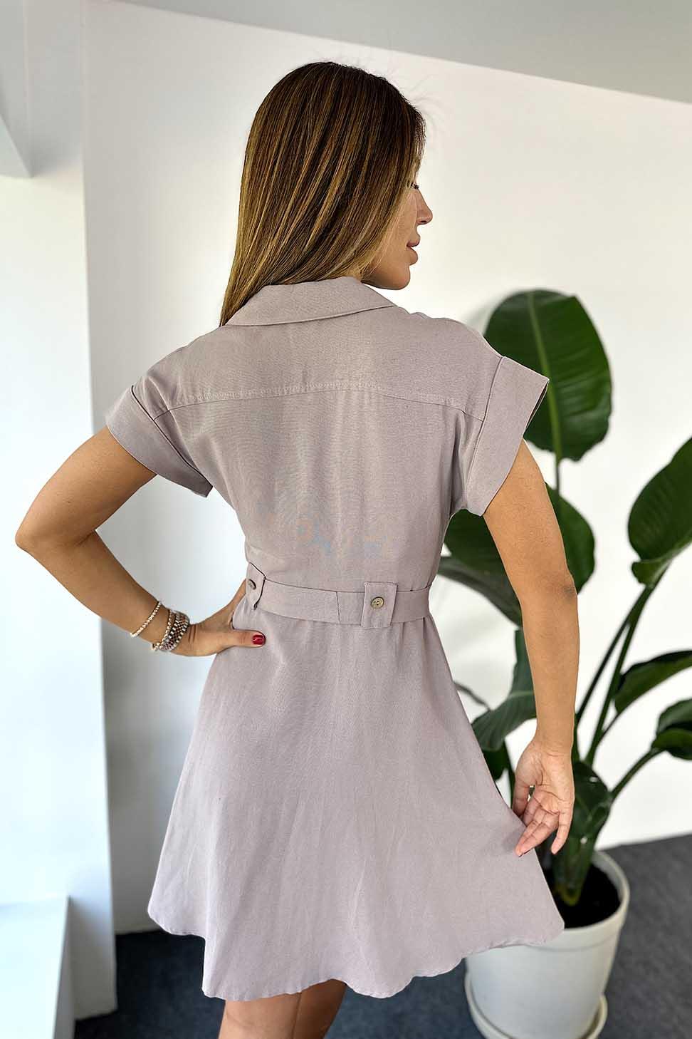 Organik Keten Kemerli Gömlek Elbise Vizon