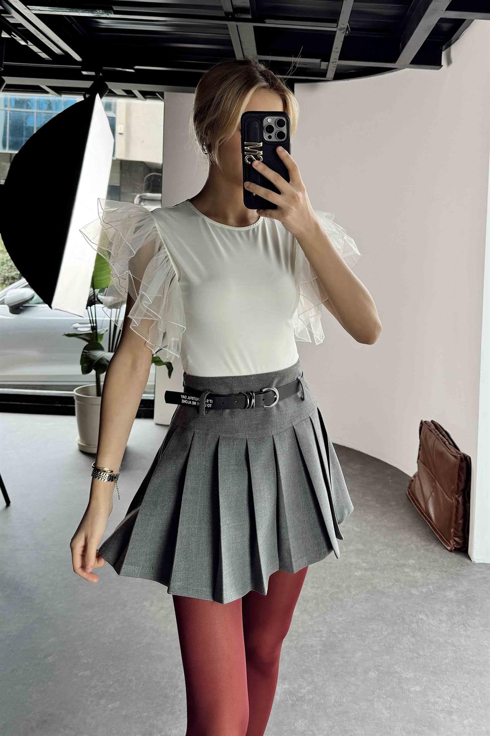 Organze Kol Tül Tasarım Bodysuit Ekru