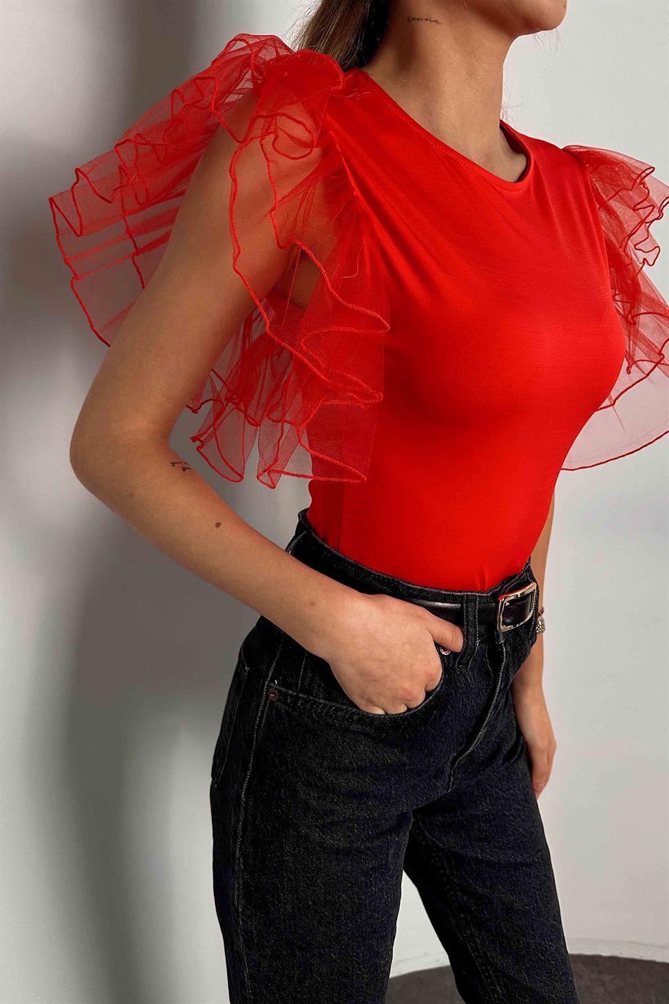 Organze Kol Tül Tasarım Bodysuit Kırmızı