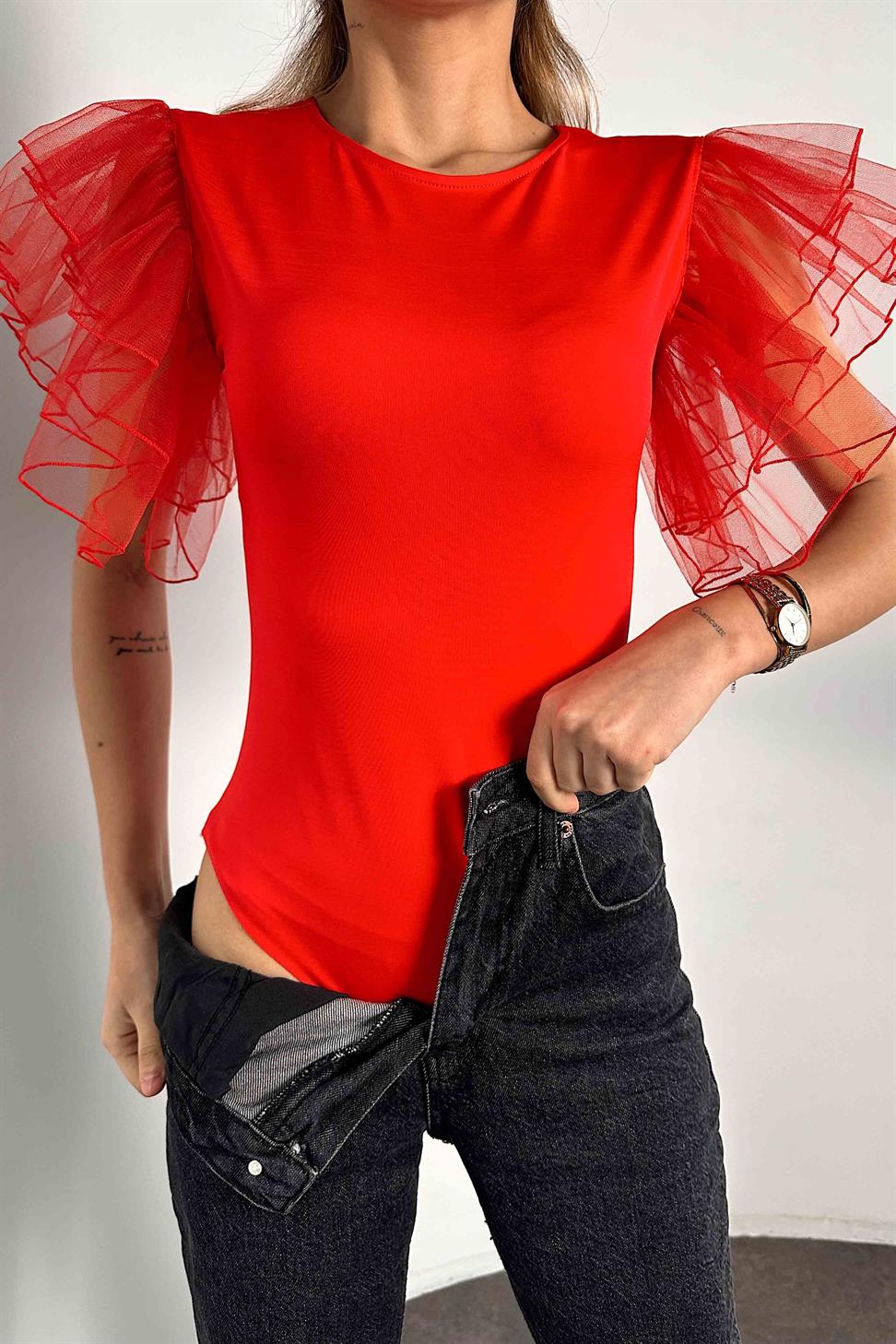 Organze Kol Tül Tasarım Bodysuit Kırmızı