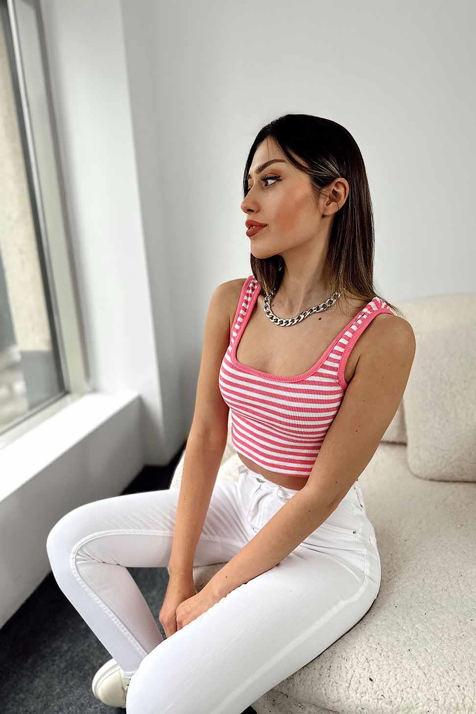 Orjinal Marka Askılı Çizgili Fitilli Crop Pembe