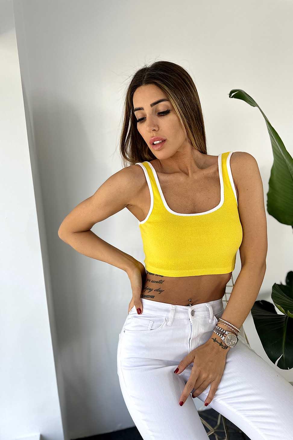 Orjinal Marka Askılı Zıt Renk Fitilli Crop Sarı